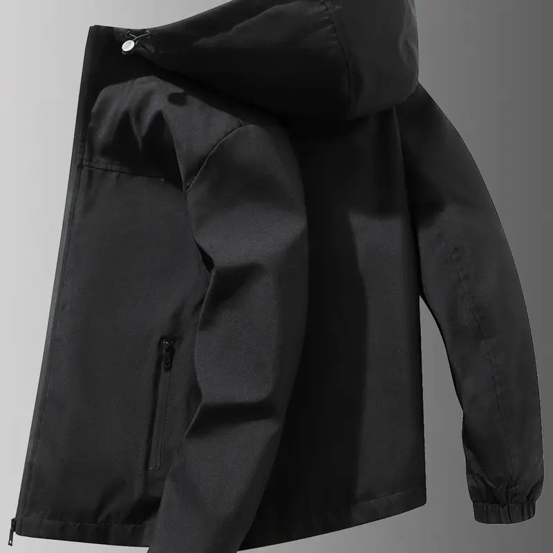 Men's Lightweight Windproof Jacket, Zipper Closure Hooded Design, Polyester Fabric, Casual Outdoor Flight Jacket Fitted, Casual Style Outerwear, Casual Jacket Coat, Casual Outerwears