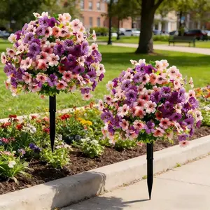 2 Sets & Violet Artificial Ground Plant Trees with Base, Porch Balcony Garden Decor, Outdoor Artificial Flowers, Indoor Outdoor Summer Fall Decoration