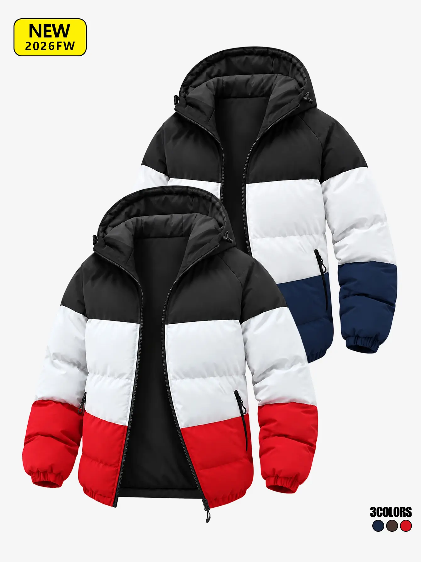 Men’s loose street-style winter jacket, men’s trendy color-block hooded winter jacket, warm front-zip winter jacket