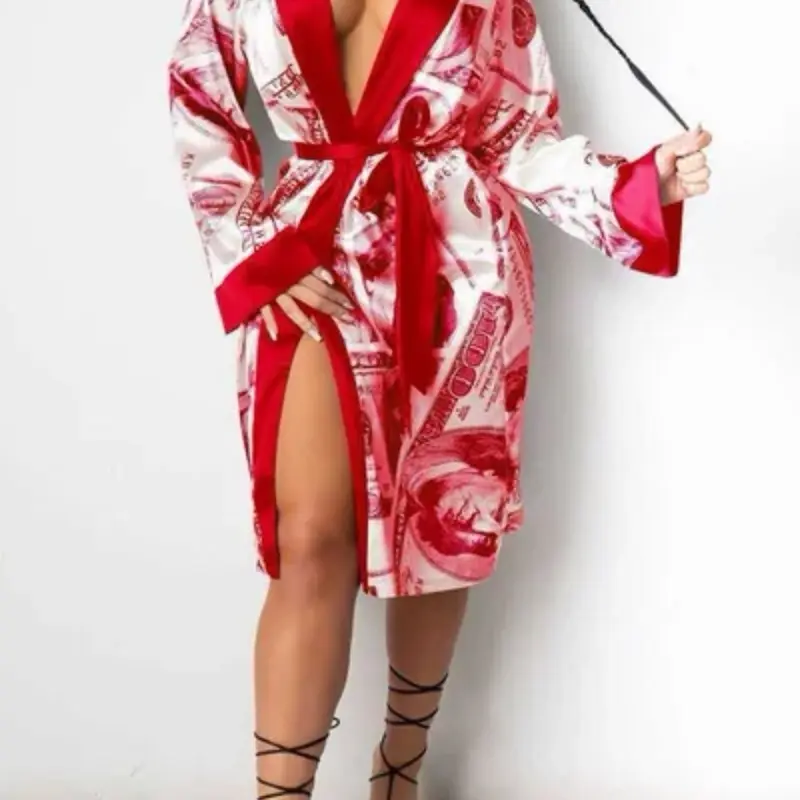 Money Robe - Red and White Design, Long Sleeve, Fitted, Casual Style, Suitable for All Seasons