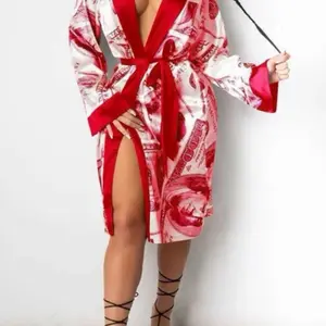 Money Robe - Red and White Design, Long Sleeve, Fitted, Casual Style, Suitable for All Seasons