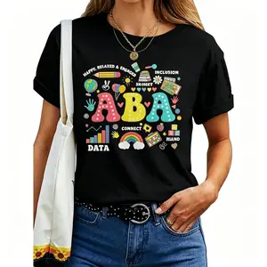 Women'S ABA Therapist RBT Analyst Autism Support Graphic T-Shirt - Light Grey Retro Short Sleeve Tee With Playful Educational Symbols, Regular Fit Round Neck Casual Top Womenswear Knit