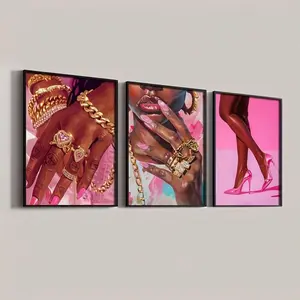 3pcs Black Pink Art, Wall Art, Perfume Art, Pink Woman Art, Wall Art, Urban Fashion Posters, Nail Art, High Heel Art, Home Wall Decor
