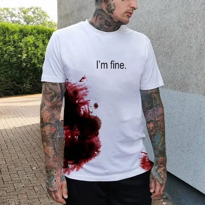 "I'm Fine" Letter Printing Bloody Style Printed T-shirt, Basic Cotton Crewneck. Classic Fabric