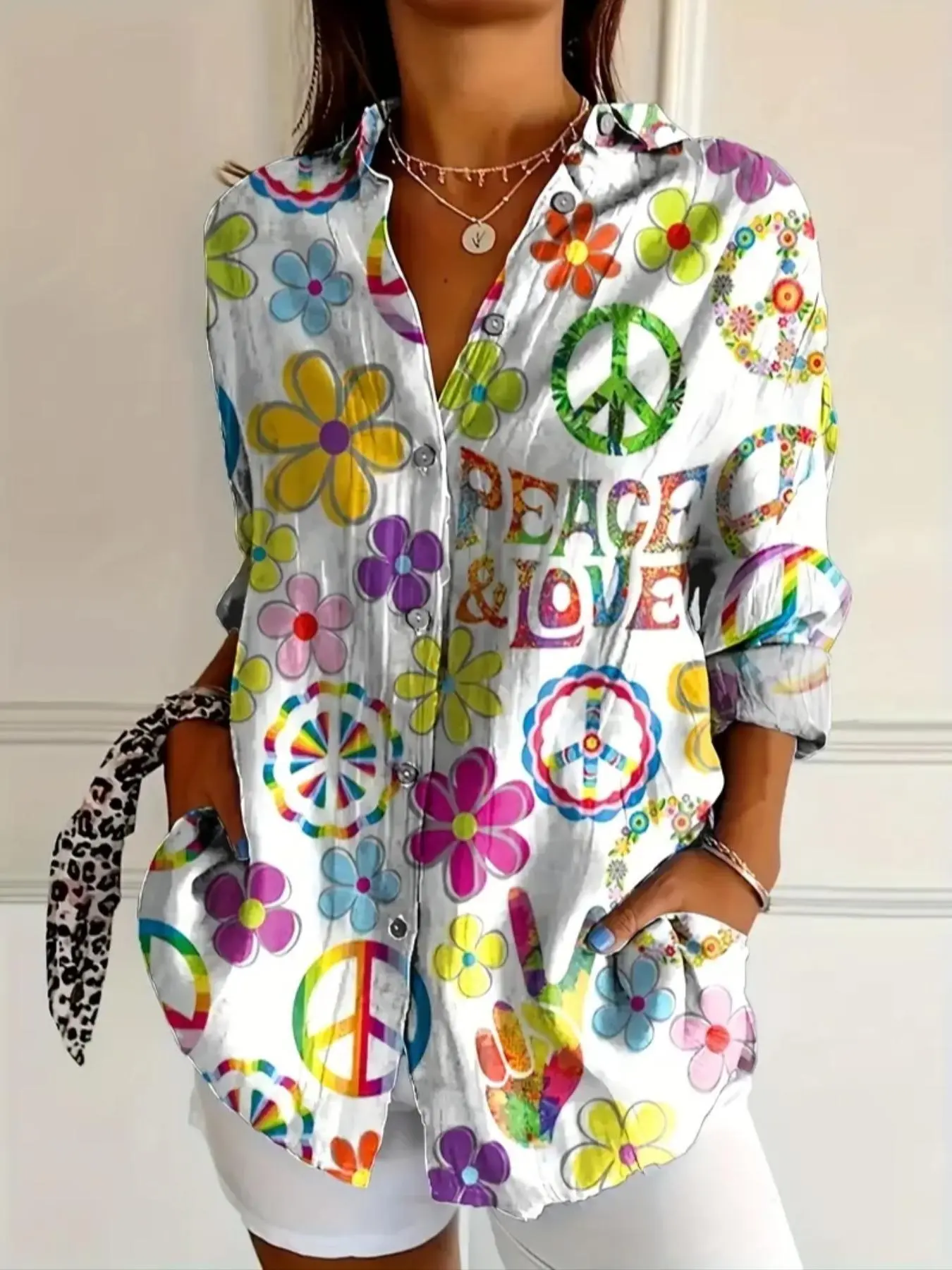 Women's Bohemian Style Long Sleeve Shirt, Vibrant Peace Love Print, Casual Button Up Blouse for All Seasons