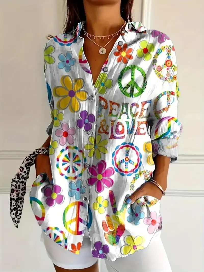Women's Bohemian Style Printed Long Sleeve Shirt, Vibrant Peace Love Design, Casual Button Up for All Seasons