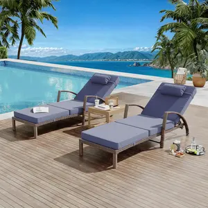 Luxury 2-Pc All-Weather PE Rattan Chaise Lounge Set: 5-Position Recliner w/Removable Cushions & Locking Wheels for Poolside/Patio (Brown-Blue)