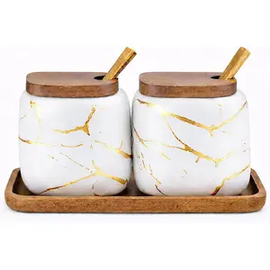 2 Sets of Marble Ceramic Seasoning Jars Ceramic Sugar Bowl with Lids，Tray and Spoons (white)