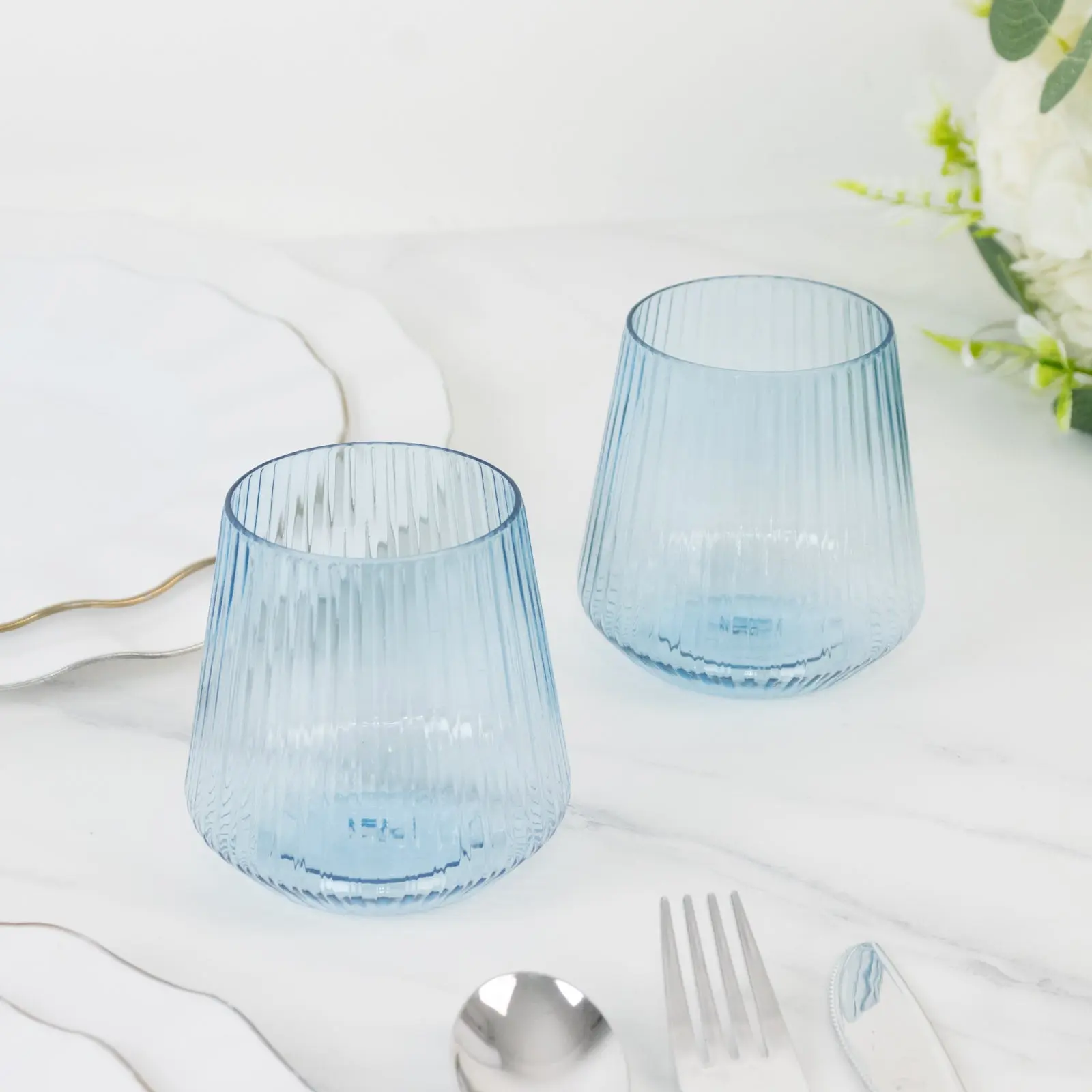12-Pack Plastic Stemless Wine Glasses - 12oz Transparent Dusty Blue Ribbed Drinkware for Cocktail Drinkers, Durable Reusable Shatterproof Set for Birthday, Wedding, Disposable Cup Alternative
