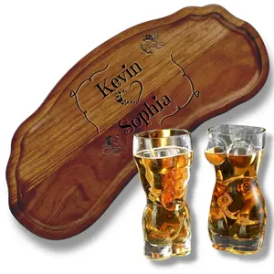 Personalized Serving Board with 2 Whiskey Shot Glasses Engraved Wooden Board & Male Female Torso Shot Cups Unique Couple Gift for Anniversaries Valentine's Day Weddings