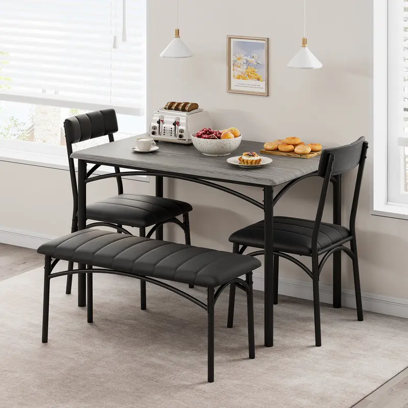 Dining Table Set for 4, Kitchen Table with Upholstered Chairs and Bench, 4-Person Dining Room Table Set, Rectangular Kitchen Table Set for Small Space, Apartment, Home, Studio, Rustic Grey