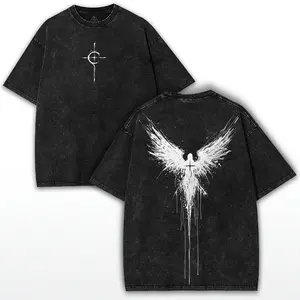Menswear Casual Distressed Festive Short-Sleeve Oversized Gothic Angel Wings T-Shirt - Washed Heavy Cotton, Vintage Streetwear