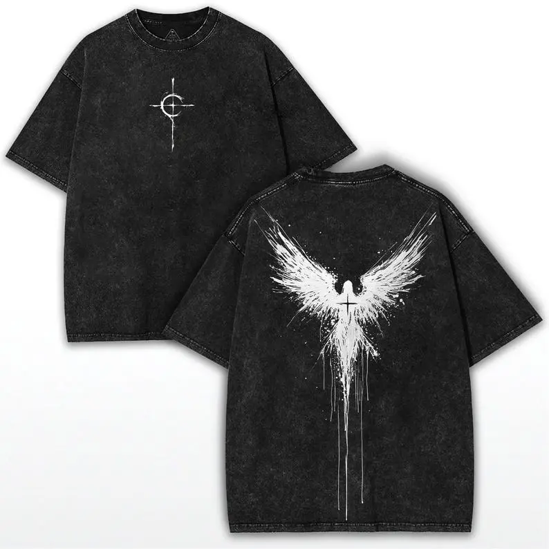 Men's Oversized Gothic Tshirt - Distressed Vintage Washed Heavy Cotton, Short Sleeve Round Neck, Angel Wings Graphic, Festive Menswear Top, Shortsleeve, Casual, Grunge Aesthetic, 90S Grunge, T-Shirt, All Seasons, Oversize Tee, Graphic Tee, Vintage Figure,