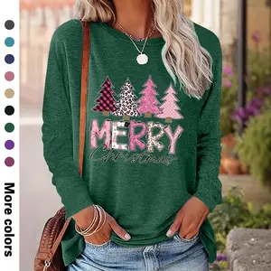 Women's Tree & Letter Print Christmas Theme Drop Shoulder Tee, Casual Boho Breathable Long Sleeve Round Neck Tops for Daily Wear, Ladies Fall & Winter Clothes, Valentine's Day Gift for Girl Womenswear