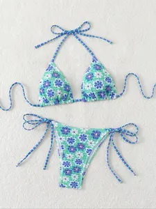 New Soft Padded Flower Print Thin Strap Bikini Set, Summer Beach Fashion Women's Swimsuit, Sexy Sleeveless Triangle Design, Floral Bikini, Tie Back Bikinis, Floral Bikini Top