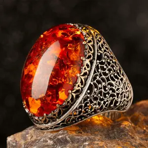 Men's Vintage Red Amber Hollow Silver Turkish Ring Bold Elegant