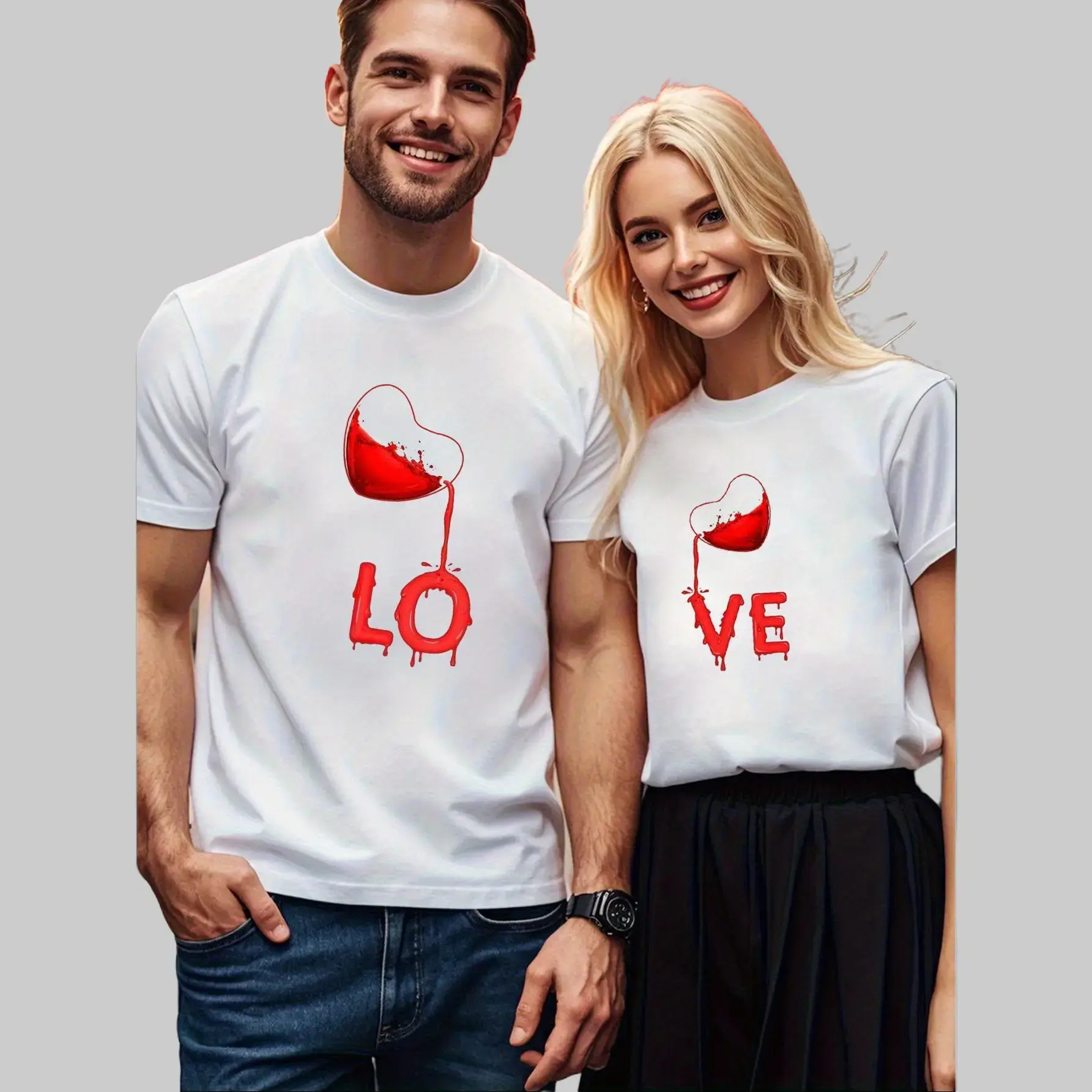 Couple's Matching 220g Soft Cotton Short-Sleeve Round Neck T-Shirt Set, Split Heart Wine Love Graphic, Breathable Durable Streetwear, Valentine Anniversary Gift Outfits, Multi-Size, Shortsleeve