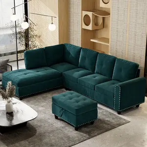 94.49” L-Shaped Modular Sectional Sofa with Storage Ottoman, Drop-Down Back with Cup Holders, Nailhead Trim, for Living Room, Bedroom, House-Green