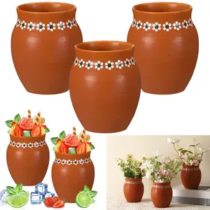 3/6 Pcs 16oz Mexican Mugs Mexican Pottery Mexican Clay Vase  Terracotta Vases Cantaritos De Barro Mexicanos with Flower Print Clay for Guelaguetza Barro Theme Party Mexican Wedding Table Decorations Fiesta Centerpieces