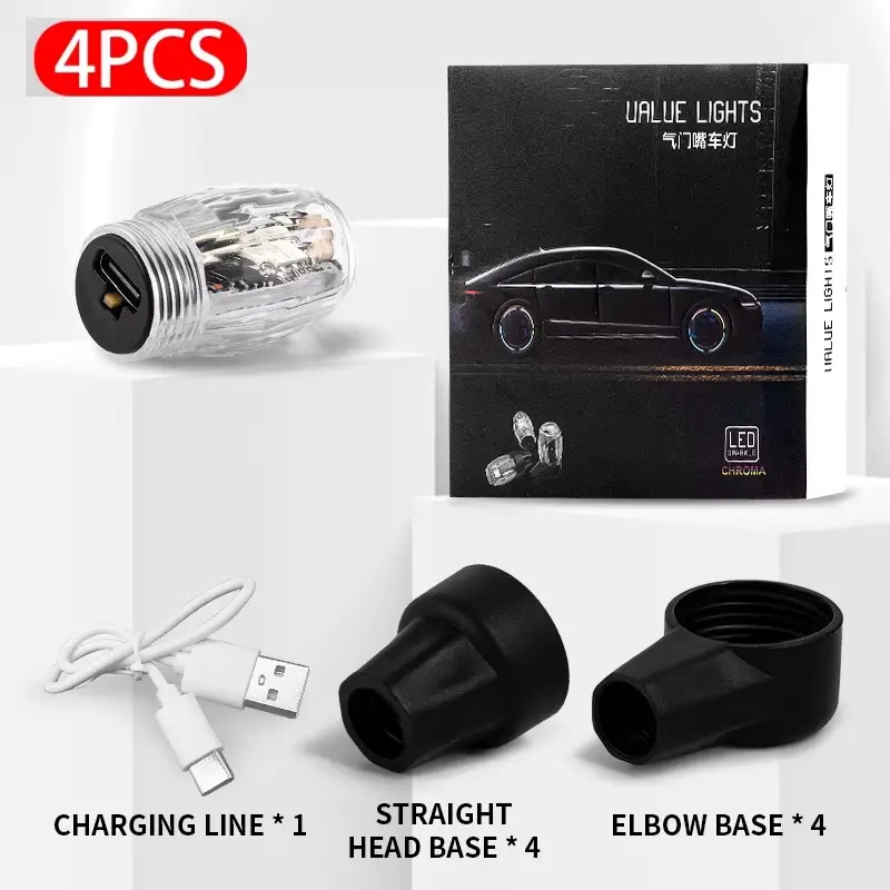 4Pcs Vibration-Activated LED Tire Valve Cap Lights - Strobe, Colorful Glow, 5V ABS+PC Material, 2/4*LED Valve Stem Caps Lights, Durable & Shock-Resistant, Dust-Resistant, Bad Weather Compatible for Cars & Motorcycles, Strobe Light, 2/4*Elbow Base