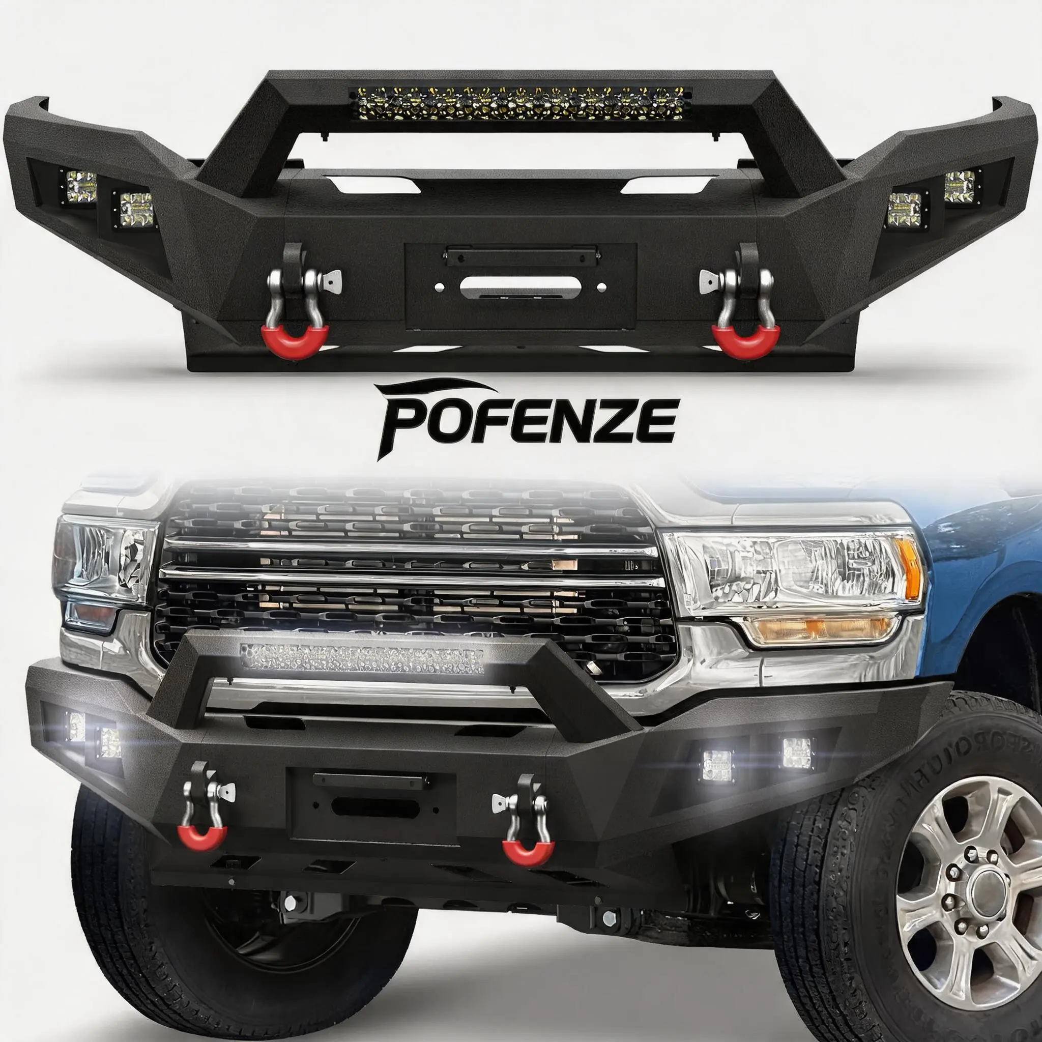 POFENZE-Mestan Black Front Bumper for 2019-2025 Dodge Ram 2500/3500 Pickup Trucks - Custom Fit Auto Replacement Body Part with Winch Plate, D-Rings, Offroading Lights, Secure Mounts, Utility Additions, Bold Look, Adds Utility, Tool-Free Secure Attachment