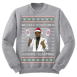Ugly Christmas Sweatshirt, Unisex Holiday Crewneck Sweatshirt, He Sees You When Graphic, You're Sleeping Christmas Sweatshirt, Character Santa Hat Sweatshirt, Pop Culture Holiday Crewneck, Funny Christmas Meme Sweatshirt, For Menswear, For Womenswear