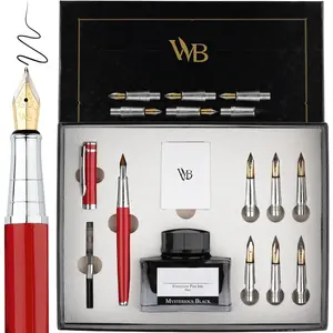 Calligraphy Pen  Set, Includes Bottle, 6 Cartridges, Refill Converter, 6  Nibs,  Package, Journaling, Smooth Writing Pens [Red Chrome]
