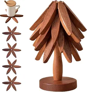 Natural Tree Wooden Trivet Set - 4 Trivets, 1 Stand, Coasters, Heat-Resistant, Foldable, Durable Solid Wood, Kitchen Storage Rack Display, Ideal for Hot Dishes & Pots, Birthday Gift Ideas