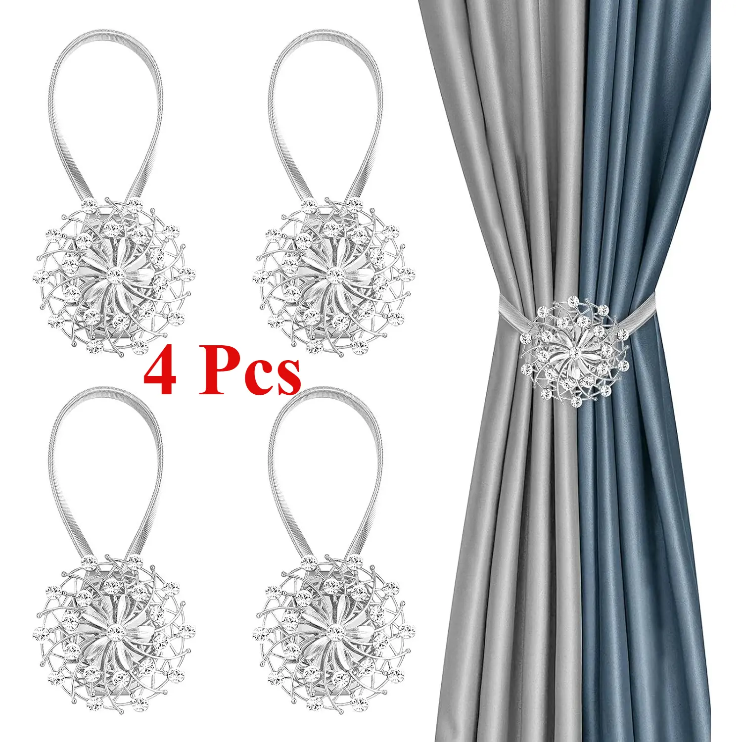 4 PCS Gold/Silver Magnetic Curtain Tiebacks - Crystal Look Flower Decorative No-Drilling Drapery Holdbacks with High-Elastic Spring Wire for Home Office Decor
