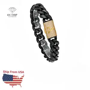 KK Drip Accessories Initial Letter A-Z Cuban Link 14MM Bracelet 18K Gold Plated Black Stainless Steel Miami Thick Buckle Bracelet Hip Hop Jewelry 7.5in 8.5in