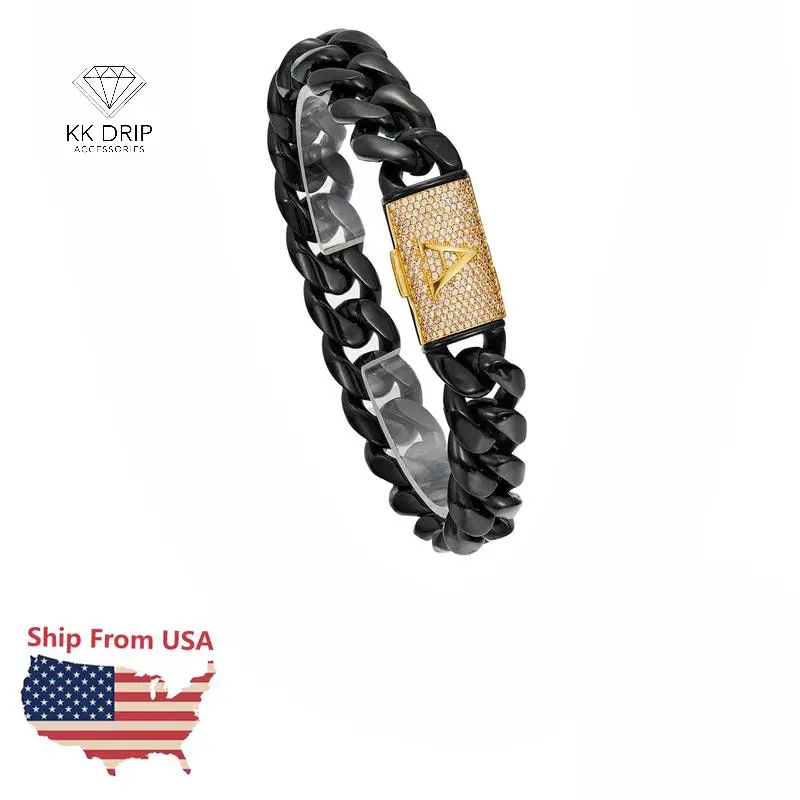 KK Drip Accessories Initial Letter A-Z Cuban Link 14MM Bracelet 18K Gold Plated Black Stainless Steel Miami Thick Buckle Bracelet Hip Hop Jewelry 7.5in 8.5in, Cuban Chain Bracelet