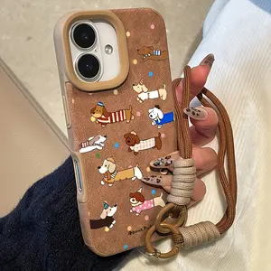 Cute Polka Dot Sausage Dog Pattern Phone Case Set with Hand Strap, PU Leather Texture, Fashionable Lightweight Birthday Gift for iPhone Models