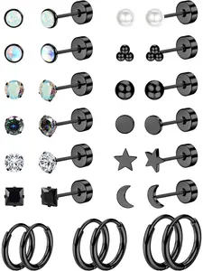 30 Pcs Hypoallergenic Flat Back Stud Earrings for Women Men Surgical Stainless Steel Earrings for Sensitive Ears Small Stud Hoop Silver Gold Black Earrings Cartilage Earring Set for Multiple Piercing Ear Studs