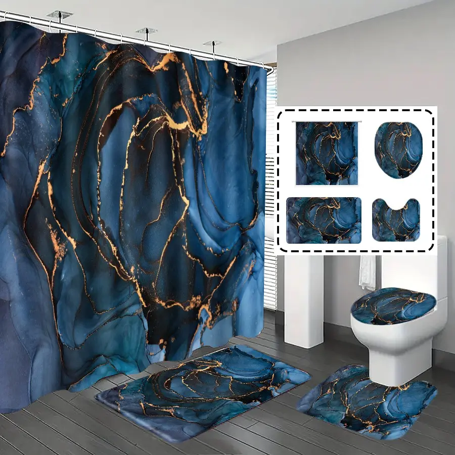 1pc/4pcs, shower curtains, bathroom set, bathroom rug, bathroom mat, blue marble pattern, simple and luxurious decoration, home decoration, Bathroom Decoration Accessories, with 12 hooks