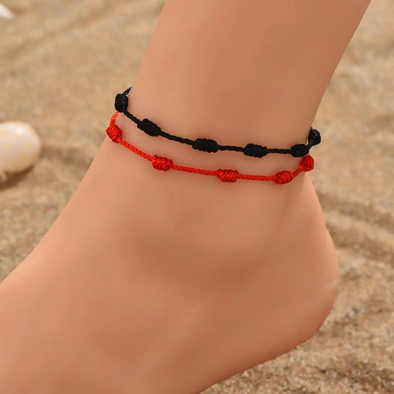 Women's 2-Piece Adjustable Rope Braiding Ankle Bracelets - Stainless Steel Couple's Costume Jewelry, Valentine's Day Gift, Beach Vacation Accessory, Two-Pieces