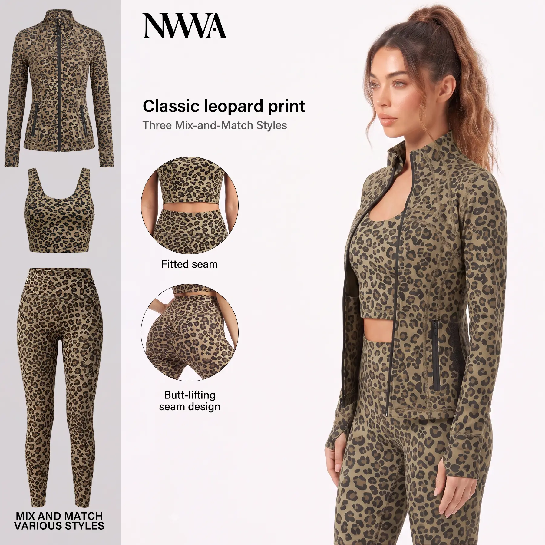 NVWA Women's Matching Sets Leopard Print Workout Clothes - INDIVIDUAL PIECES SOLD SEPARATELY - Pick Your Style: Full Zip Long Jacket, Cropped Zip Top, Padded Sports Bra, or High Waisted Leggings  Athleisure Gym Yoga Fitness Mix and Match Outfits
