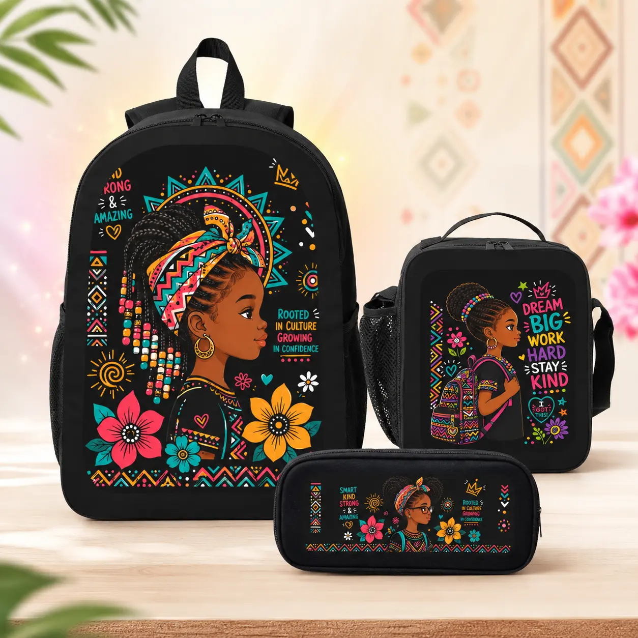 African American Black Girl 17in 3-Piece 600D Oxford Fabric Backpack Set for Teens - Gym Bag with Vibrant Prints, Insulated Bag, Pencil Case, Large Capacity for Laptop, Back to School Gift