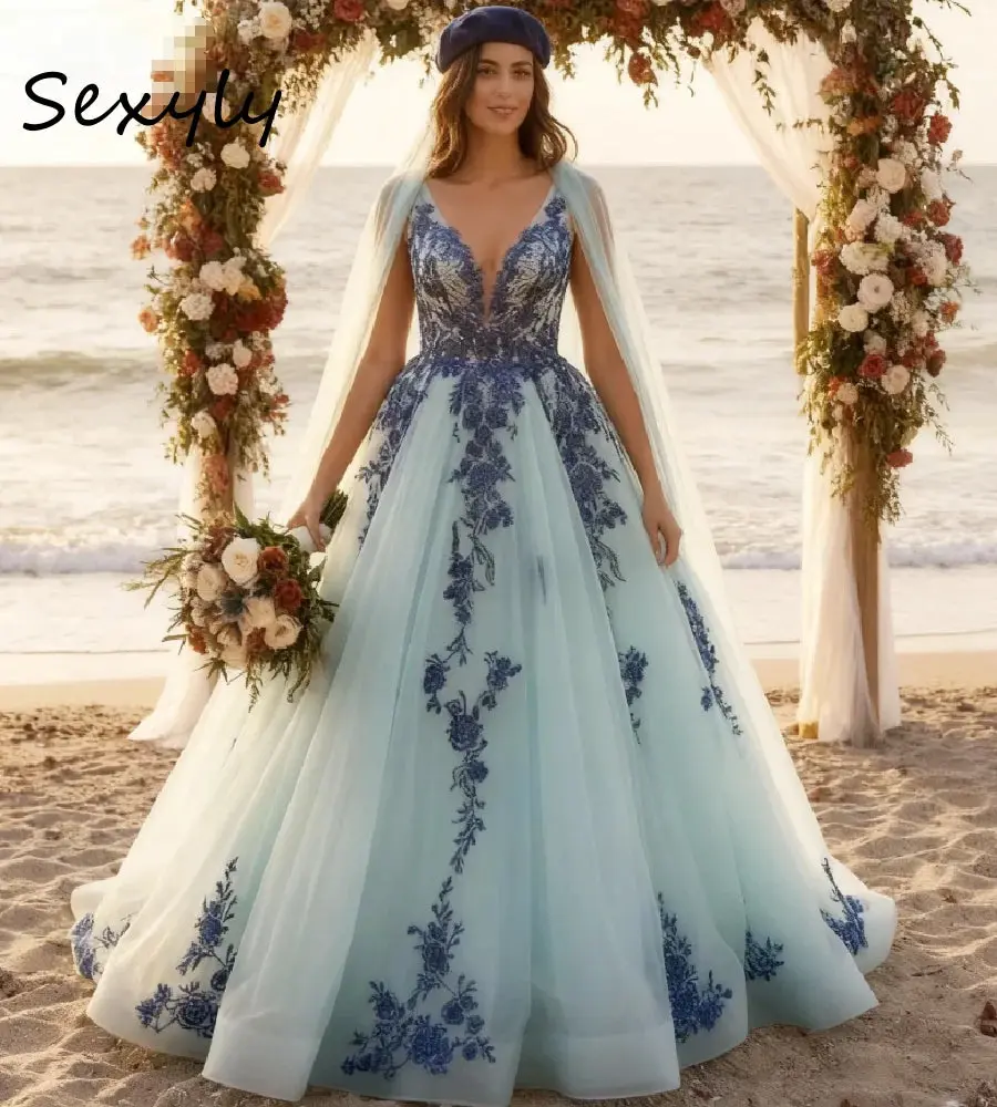 Alternative Blue Gothic Wedding Dress 2026 Hippies Beach Lace Bride Gowns A Line Tulle V Neck Country Two Tone Bridal Dresses