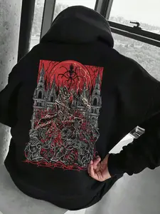 Men's Bloodborne Print Hoodie, Kangaroo Pocket, Drop Shoulder Design, Drawstring Comfort, Ribbed Design, Unisex Fit, All Seasons, Graphic Print Hoodie, Casual Hooded Sweatshirt