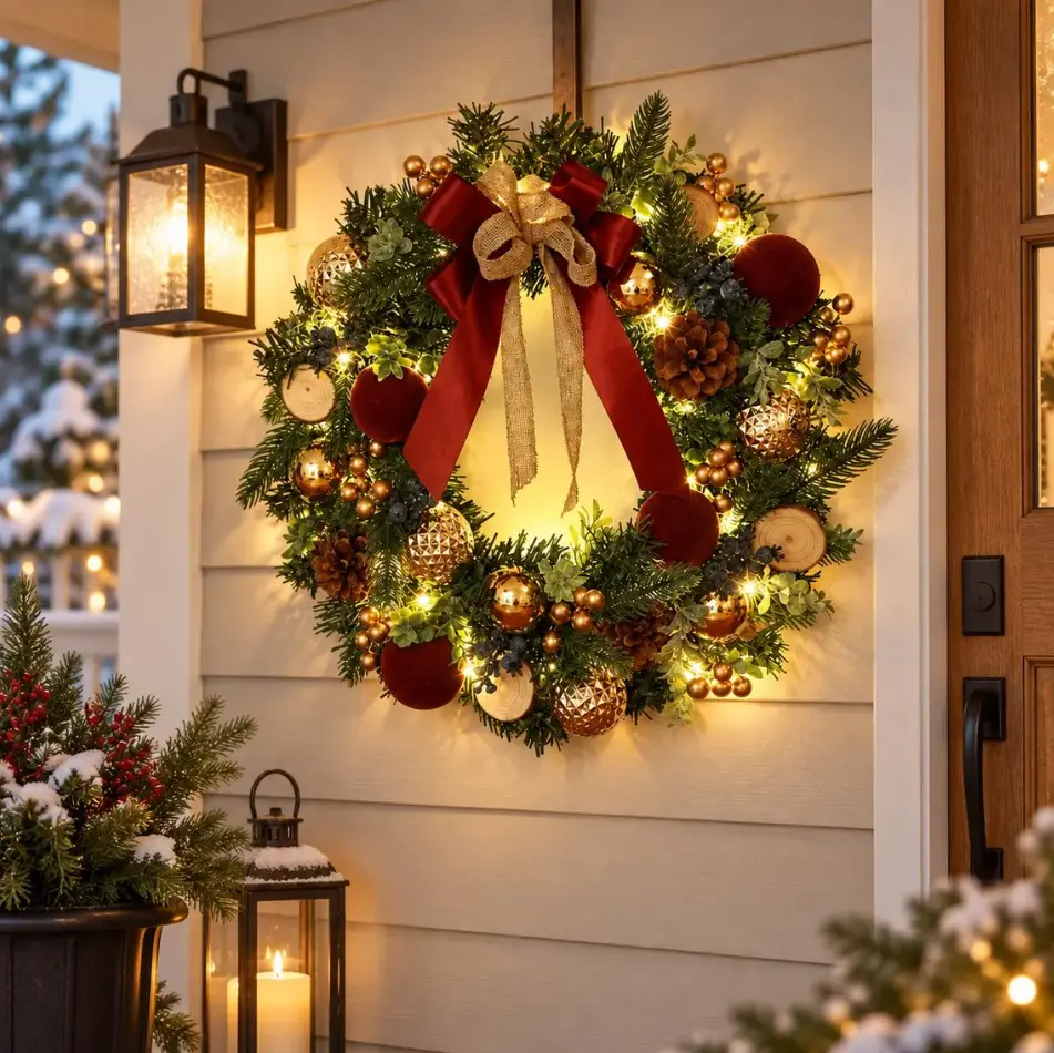 Pre-Lit Christmas Wreath for Front Door Decor, Illuminated Holiday Wreath with Warm LED Lights, Golden Balls, Pinecones & Dual Ribbon Bow, Artificial Christmas Door Wreath Hanger Wall Accent for Porch Fireplace Home Xmas Party Indoor Outdoor Decor