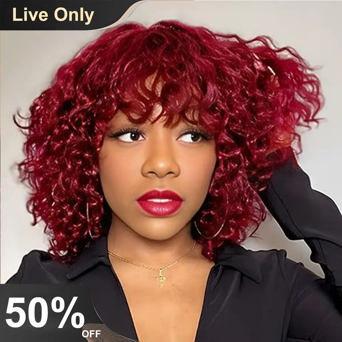 {LIVE ONLY } Curly Wigs With Bangs 100% Brazilian Virgin Human Hair benin girls machine human hair wig No Lace No Glue Invisble Hairline Kinky curly Human Hair Wigs Beginner Friendly Full Machine Made Wig