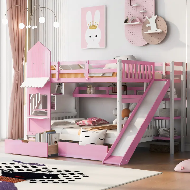 Bellemave Castle-Style Loft Bunk Bed with Slide - Solid Pine Wood Bedframe, 2 Drawers, 3 Open Shelves, Ample Storage, No Box Spring Needed, Durable, Stable, Easy to Match Decor, Unique Indoor Bedroom Furniture, Unique Bedroom Furniture