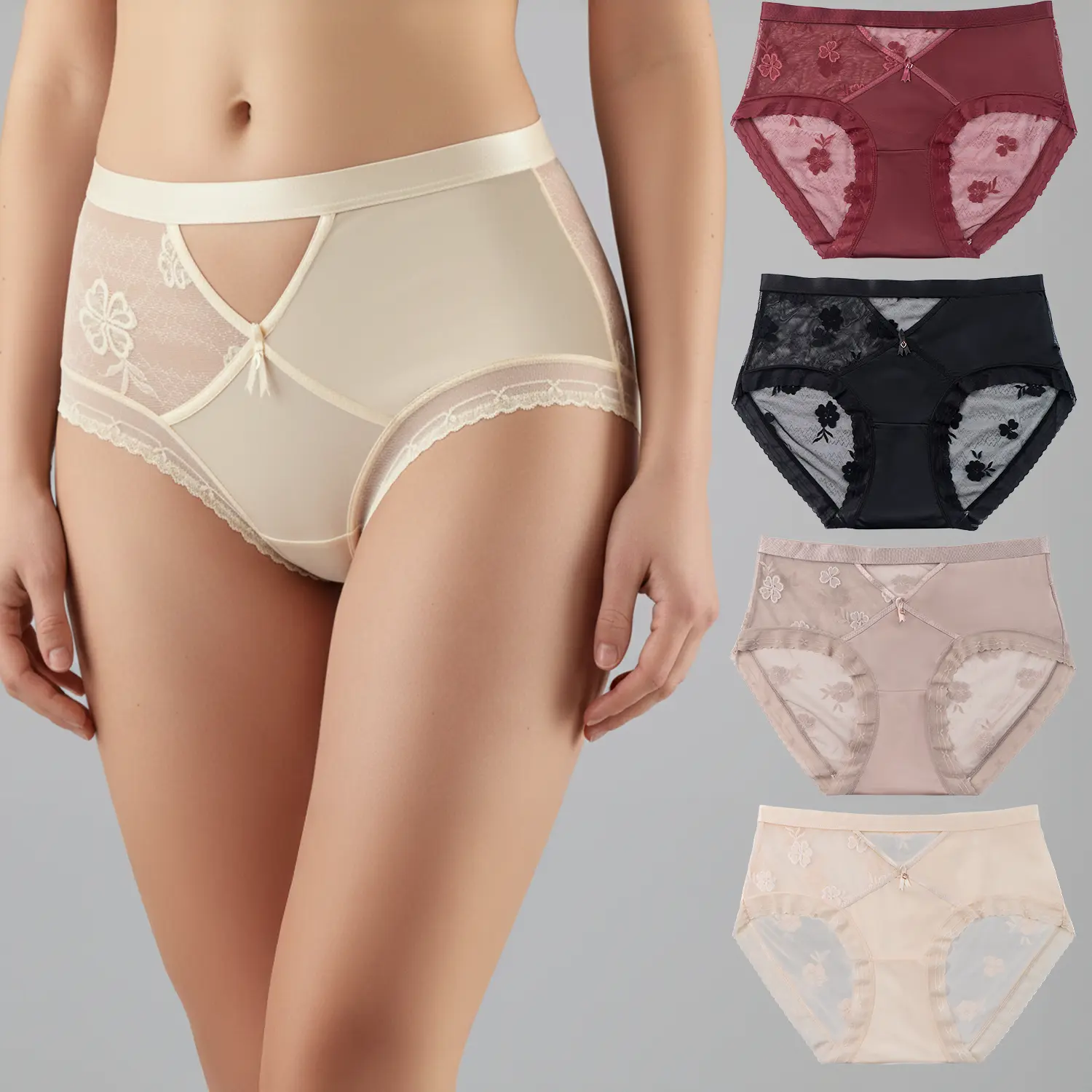 Women's 4-Piece Satin Panties Set - Mid-Rise, Floral Embroidery, Sheer Lace, 2Black+2Wine Red, Ideal for Dates & Vacations, Lacy, Plants, Foldable, Modest, Holiday, L, Satin Fabric, Floral Lace, Figure-Hugging Cut Flatters Curves