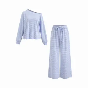 Cider Cotton-blend Asymmetrical Neck Striped Oversized Top & Mid Rise Drawstring Trousers Loungewear Set