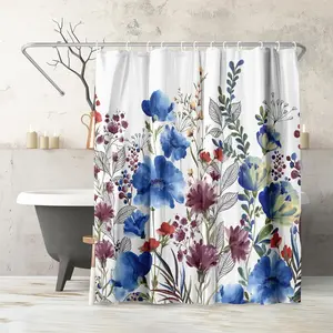 71x74 Floral Shower Curtain - Water-Resistant Long Shower Curtain with Metal Grommets and 12 Hooks - 100% Polyester - Botanical Bathroom Curtains - Blue, Purple, Crimson, Green and White