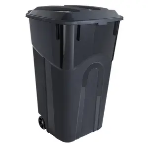 32 Gallon Wheeled Heavy Duty Plastic Garbage Can, Attached Lid, Black
