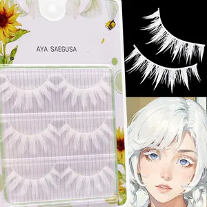 Set of 3 Pairs White False Eyelashes Anime Cosplay Stage Makeup Eyelash Extension White Stem Built-in Eyeliner Cat Eye Style Single Cluster Reusable
