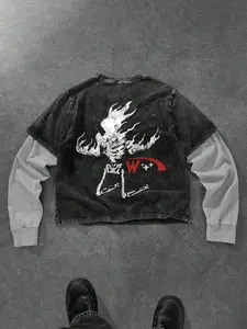 Men's Casual Two-Piece Long Sleeve T-Shirt, Skull Print, Cotton Fabric, Comfortable Soft, Regular Fit, Street Style, Fashion Focus