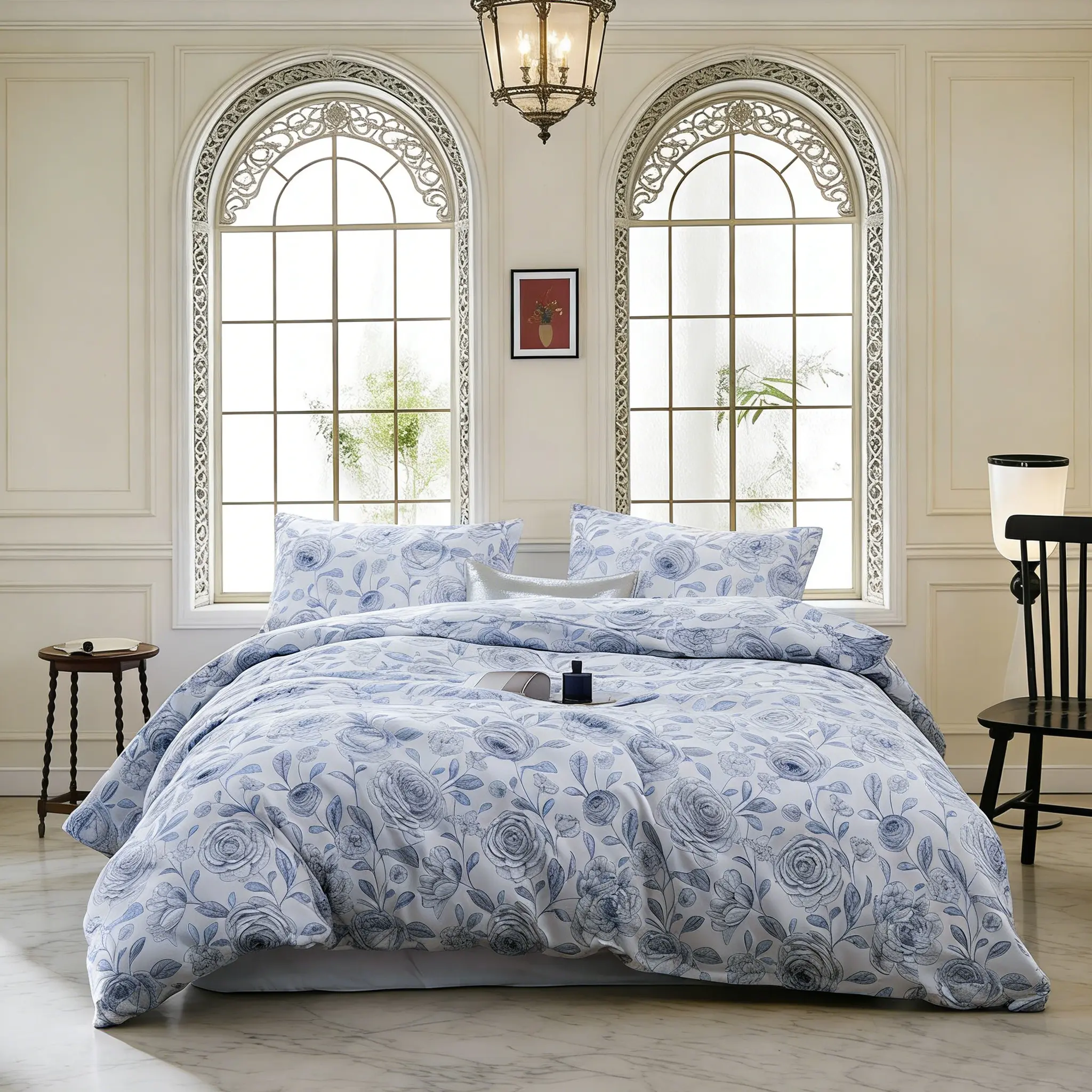Romantic French Blue Rose Print Theme Bedding Set, 3 Piece Set Includes 1 Decorative Duvet Cover+ 2 Pillowcases, No Insert Soft Comfortable Bedroom Essential, Bed Covers