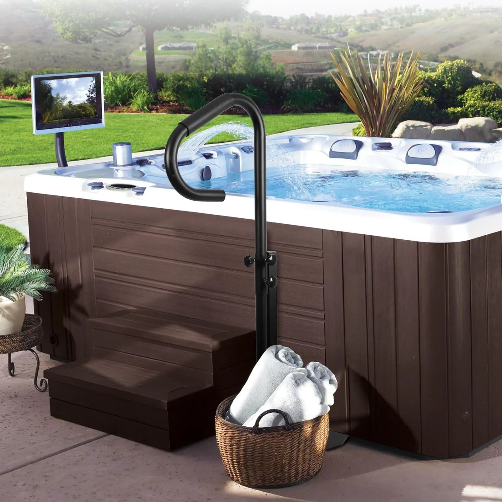 GARVEE Hot Tub Handrail, 360-Rotatable Spa Side Rail with 26"-56" Adjustable Height, 600LBS Load-Bearing Slide-Under Mount Base for Hot Tub Area, Effortless Installation (Minimum Weight Support: 600lbs)